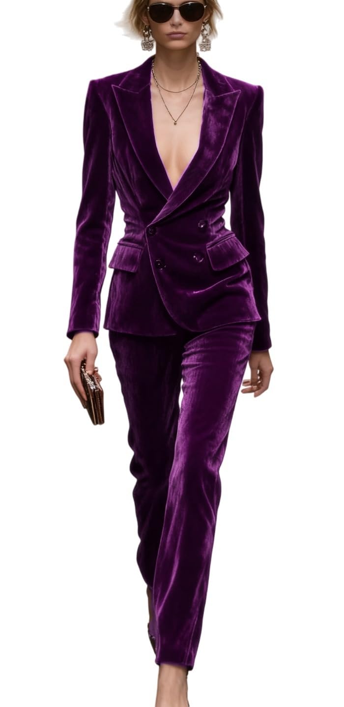 Botong Womens Velvet Suit Double Breasted Business Suit for Work Blazer Pants Prom Outfit Purple