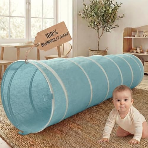 LIONHERZ® Spieltunnel für Kinder aus Baumwolle/Hanf mit Klettverschlüssen [180cm x 46cm] Krabbeltunnel für Baby | Faltbarer Pop-up Kriechtunnel | passend zu unserem runden Spielzelt (Himmelblau)