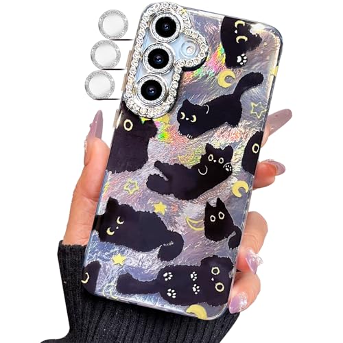 Joli étui chat noir argenté Samsung Galaxy S24 cadeau tendance fille