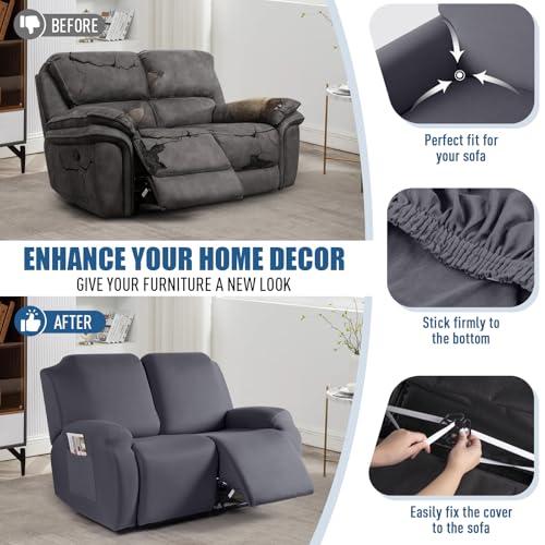 Image of TAOCOCO Recliner Loveseat Covers Stretch Sofa Covers for 2 Seat Large Reclining Couch, 2 Pieces Reclining Loveseat Covers Soft Washable Furniture Protector with Pocket (2 Seater Oversized, Dark Gray)