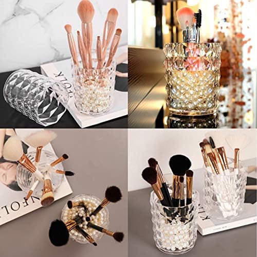 2Pcs Crystal Makeup Brush Holder Organizer Acrylic Cosmetic Brush Storage Bucket Eyeliners Eyebrow Pencil Cup Pen Container Desktop Decoration Display Case for Home Office Birthday Gift