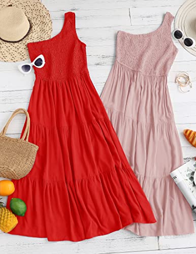 Image of ZESICA Women's 2026 Bohemian Summer Floral Print One Shoulder Sleeveless Smocked Ruffle Tiered Beach Long Midi Dress