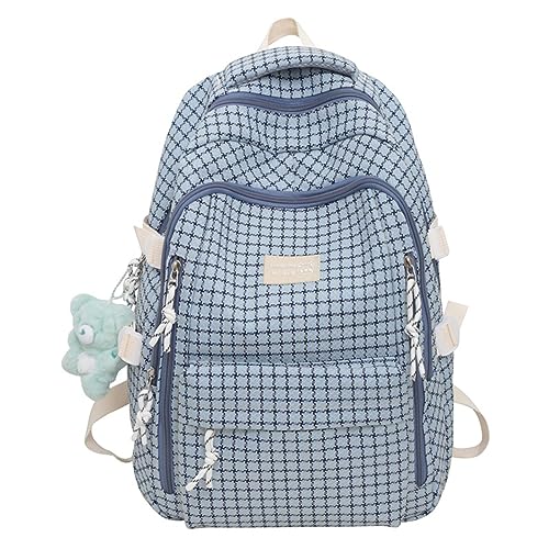 Kawaii Backpack with Cute Accessories Plaid Book Bag Aesthetic Backpack Casual Daypack Checkered Preppy Backpack (Blue,One Size)