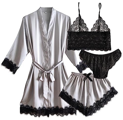 Laura in - Conjunto de Pijamas de Seda satén para Mujer de 4 Piezas, Bata, Top Bralette, Corto y Braguita con Encaje Negro.GrisS1107