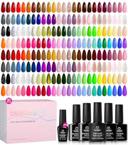 Beetles Gel Nail Polish Set - Chroma Dreams 100 Colors Rainbow Gel Polish Collection with 5 Pcs Base & Top Coat Pink Blue Orange Purple Bright Pastel Shades Soak Off UV LED Nail Art Kit for Women