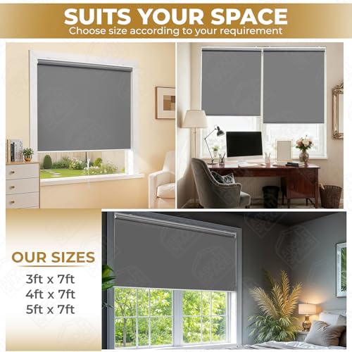 Image of ABOUT SPACE Window Blinds - 7 x 3 ft Cordless Blackout Roller Blinds for Privacy, UV Protection | 100% Blackout Roll Up Curtain Window Shades for Home, Office, Living Room, Bedroom- Dark Grey