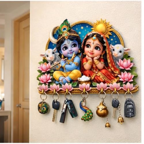 Image of Webelkart Premium Radha Krishna Wooden Key Holder for Home Decor, Wall Mount Key Hanger, Key Chain Holder for Wall, Living Room, Pooja Room