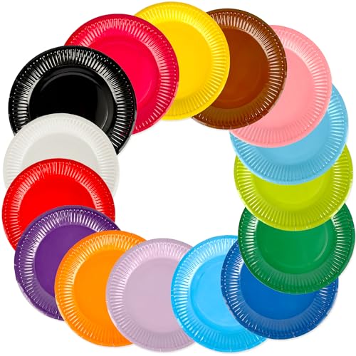 Medanera 300 Pcs Colorful Round Plate Bulk 9 Inch Disposable Dinner Paper Plates Rainbow Paper Plates for Wedding Birthday Party Supply Table Decorations Dessert Cake, 15 Colors