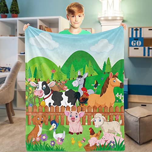 Farm Animal Throw Blanket, Cartoon Cute Animal Blanket for Kids Soft Cozy Flannel Farm Dog Pig Lamb Hen Horse Cow Blankets