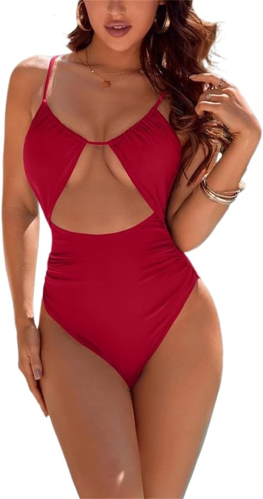 Women's One Piece Swimsuit, Cutout Design Bathing Suit, Ruched High Cut Monokini, Hot Pink Queens Choice Swimwear PQ115