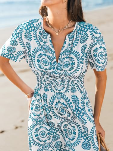 Image of CUPSHE Womens Summer Dresses 2025 V Neck Short Sleeve Flowy A-line Beach Vacation Dress with Pockets