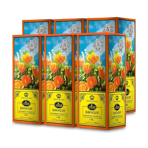 Al Rehab BAKHOUR Lot de 6 Huiles de Parfum 6 ml Sans Alcool – Notes Florales, Fruitées & Vanillées – Parfum Oriental Bakhoor pour Femme et Homme –...