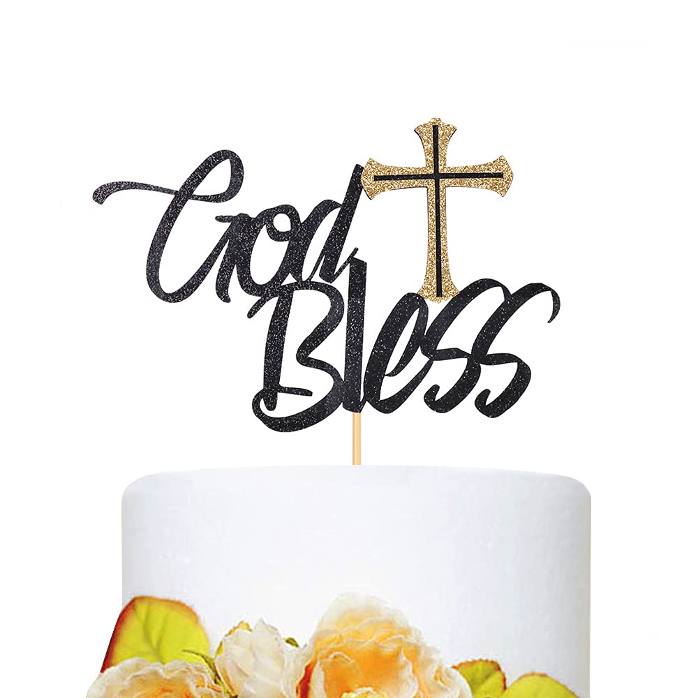 Slaseay God Bless Cake Topper-God Party Theme Cake Topper-Baptism Christening Dedication or First Communion Baby Shower Decoration (Black Gold)