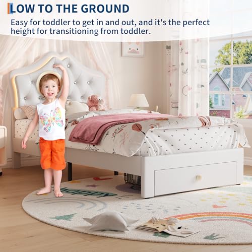 GarveeHome LED Twin Bed Frame for Kids with Beauty Crystal Button Headboard, Upholstered PU Leather Platform Princess Bed with Storage Drawer, Noise-Free, Easy Assembly, Easy Clean, Beige by GarveeHome - Used condition - Image 6