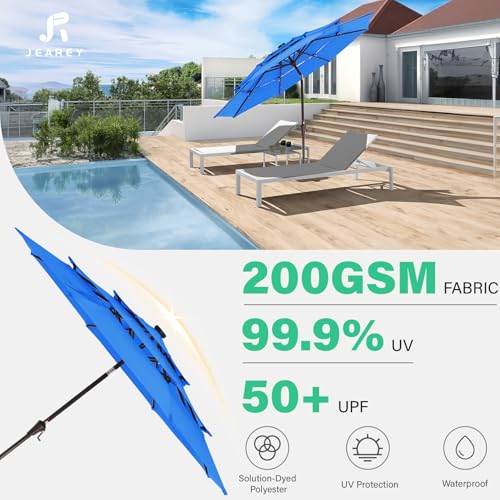 Image of JEAREY 3 Tiers Patio Umbrella with Solar Lights 9ft Outdoor Market Table Umbrellas with Push Button Tilt for Outside Pool Garden, Royal Blue