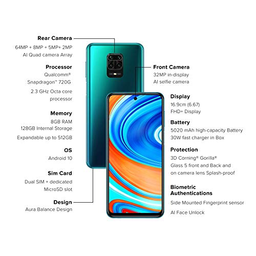 Image of Redmi Note 9 Pro Max (Aurora Blue, 8GB RAM, 128GB Storage) - 64MP Quad Camera & 8nm Snapdragon 720G & Alexa Hands-Free Capable