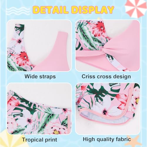 Image of Weixinbuy Girl's 3 Piece Swimsuit Teen Swimwear Tropical Print Twist Cross Bikini Bathing Suit with Cover Up Shorts Size 9-16