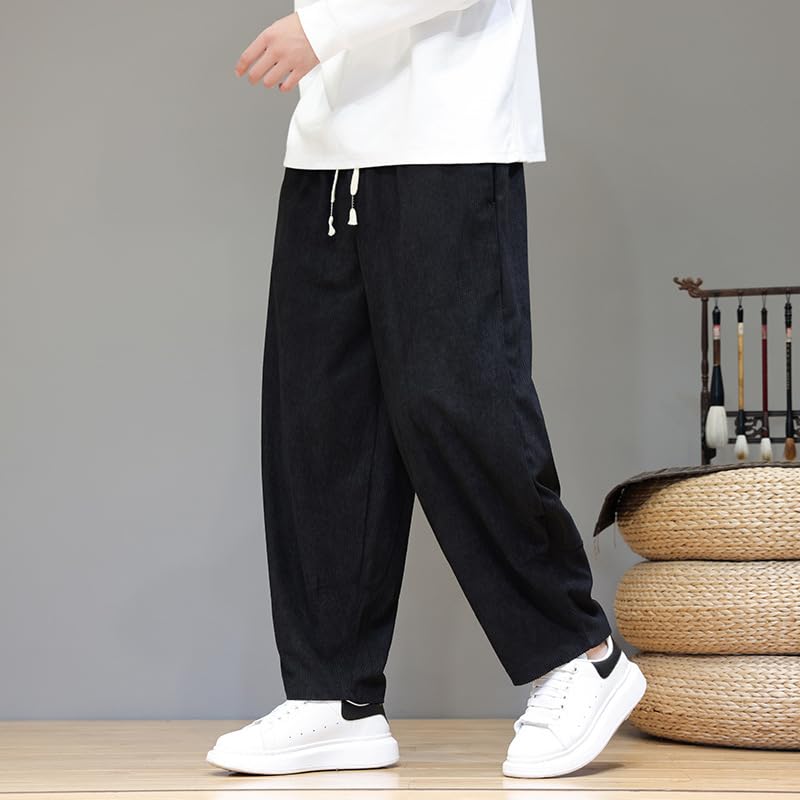 Autumn Winter Chinese Style Retro Corduroy Straight-Leg Pants, Elastic Waist, Casual Big Tall3