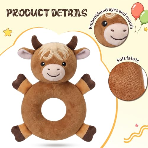 Image of Karenhi Highland Cow Tan Stuffed Animal Little Stuffed Animal Praying Baptism Soft Plush Snuggle God's Toy Embroidered Religious Gifts for Boys Girl Baby Shower Mom Barnyard Nursery Decor Doll Toy