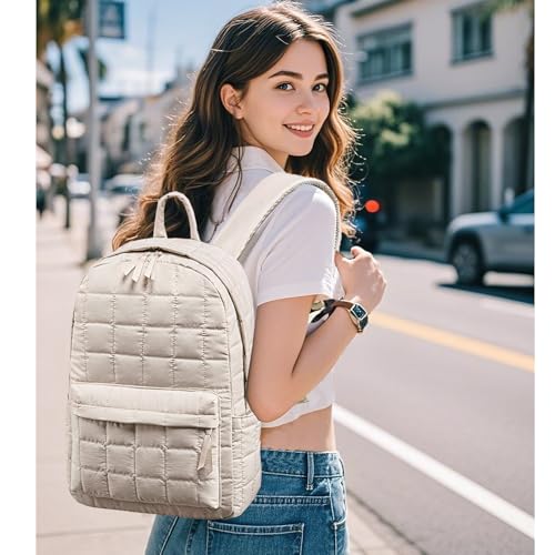 BTOOP Travel Backpack for Women Work Backpack Quilted College Backpacks for School Fit 15.6 Inch Laptop (Beige-Gray) - Image 3