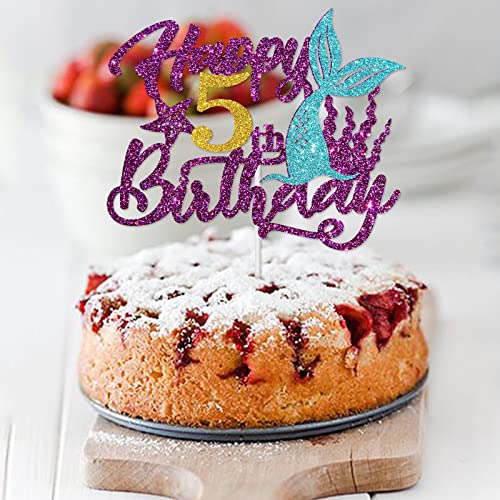 Mermaid Happy 5Th Birthday Cake Topper, Purple Glitter Sea Five Cake Decor, 5Th Birthday Ocean World Theme Party Decorations Party Supplies #TOP3