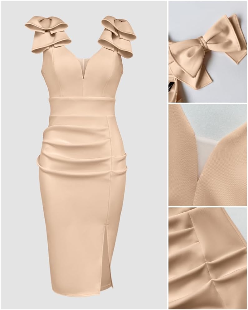 CHICME Women's Sexy V Neck Sleeveless Bowknot Decor Bodycon Midi Dress Side Slit Ruched Cocktail Wedding Guest Dress - Image 6