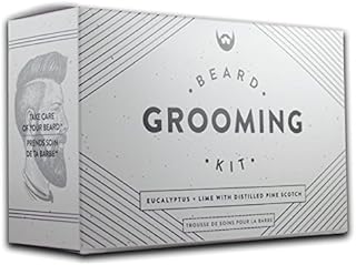 Beard Grooming Kit: Eucalyptus + Lime with Distilled Pine Scotch. Beard Care Gift Set with Beard Shampoo + Conditioner, Beard Oil, Beard Balm, Mustache Wax and Anti-Static Maple Beard Comb.