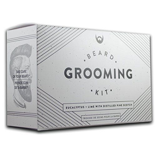 Beard Grooming Kit: Eucalyptus + Lime with Distilled Pine Scotch. Beard Care Gift Set with Beard Shampoo + Conditioner, Beard Oil, Beard Balm, Mustache Wax and Anti-Static Maple Beard Comb.