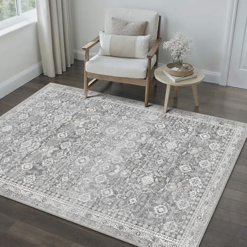 WondRg 4x6 Grey Modern Washable Area Rug for Living Room Distressed Floral Non Slip Throw Rug Indoor Low Pile Carpet Accent Stain Resistance Bedroom Dining Room Laundry Entrance Under Table