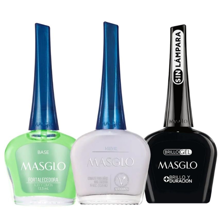 MASGLO Traditional Nail Polish 0.5 Fl. Oz. 3 piece kit with BASE FORTIFIER, color NIEVE and TOPCOAT GEL