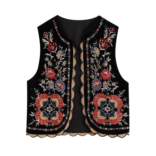 Image of Women Vintage Floral Embroidered Vest Y2K Sleeveless Open Front Cardigan Boho Linen Cropped Waistcoat