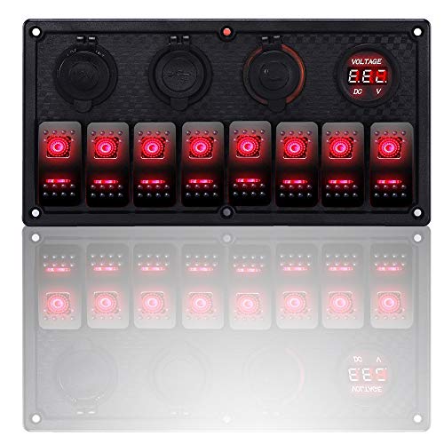 MKING 6 Gang / 8 Gang Circuit LED Car Marine Waterproof Boat Rocker Switch Panel with Fuse Dual USB Slot LED Light Power Socket Breaker Voltmeter for RV Car Boat (RED/Green/Blue) - Thumbnail 7