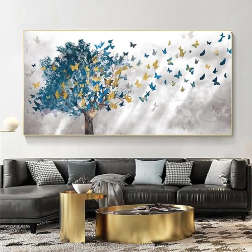 Toile abstraite arbres bleus et papillons décoration murale nordique pour salon 30x60cm