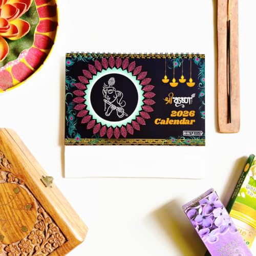 Image of Lord Krishna Silhouette Desk Calendar 2026 | 9x6 Inch Flip Calendar with Unique Krishna Art & Vibrant Backgrounds | Indian Holidays Marked | Spiritual Office Desk Decor