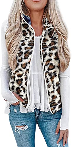 Onsoyours Gilet Femmes Décontracté Manteaux sans Manches Élégante Col Montant Fermeture Éclair en Peluche Confortable Cardigan Veste Imprimée Chaud Polaire Outwear Waistcoat avec Poches E Léopard XL