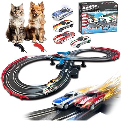 AGM MASTECH Slot Car Race Track Sets with 4 Exquisite Slot Cars, Battery or Electric Car Track, 2 Controllers, Lap Counter, Gift Toys for Boys and Girls Age 4 5 6 7 8-12 Cover
