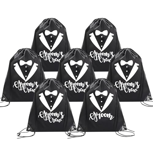 BachpartyGifts Groomsmen Proposal Gifts Bachelor Party Favors Decorations For Men 7 Pack Drawstring Backpack Bags.(Groom’s crew)