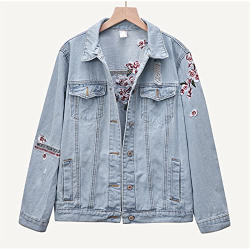 Kelsiop Spring Plum Flower Embroidered Cotton Collar Denim Jacket Women's Harajuku Loose Ripped Blue Denim Jacket2