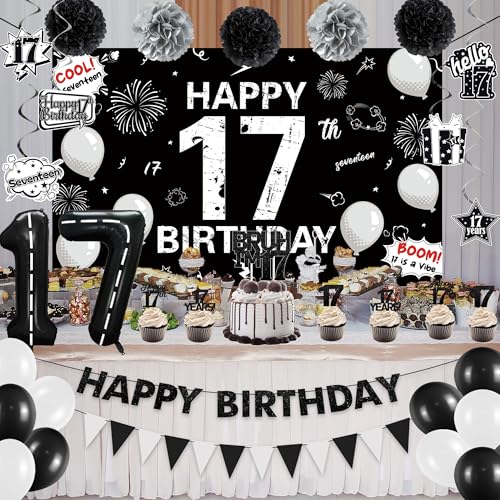 Image of Holkcog 17th Birthday Decorations for Boys Girls, Black 17th Birthday Decorations Supplies, 17 Number Ballons Gifts, Black Glitter Bruh I'm 17 Cake Topper Cupcake, Bro I'm 17 Party Backdrop Banner