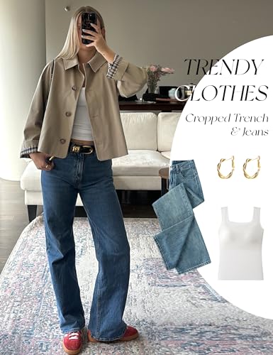 Dqbeng Womens Cropped Trench Coat Classic Collar Oversized Casual Jackets with Checkered Lining3