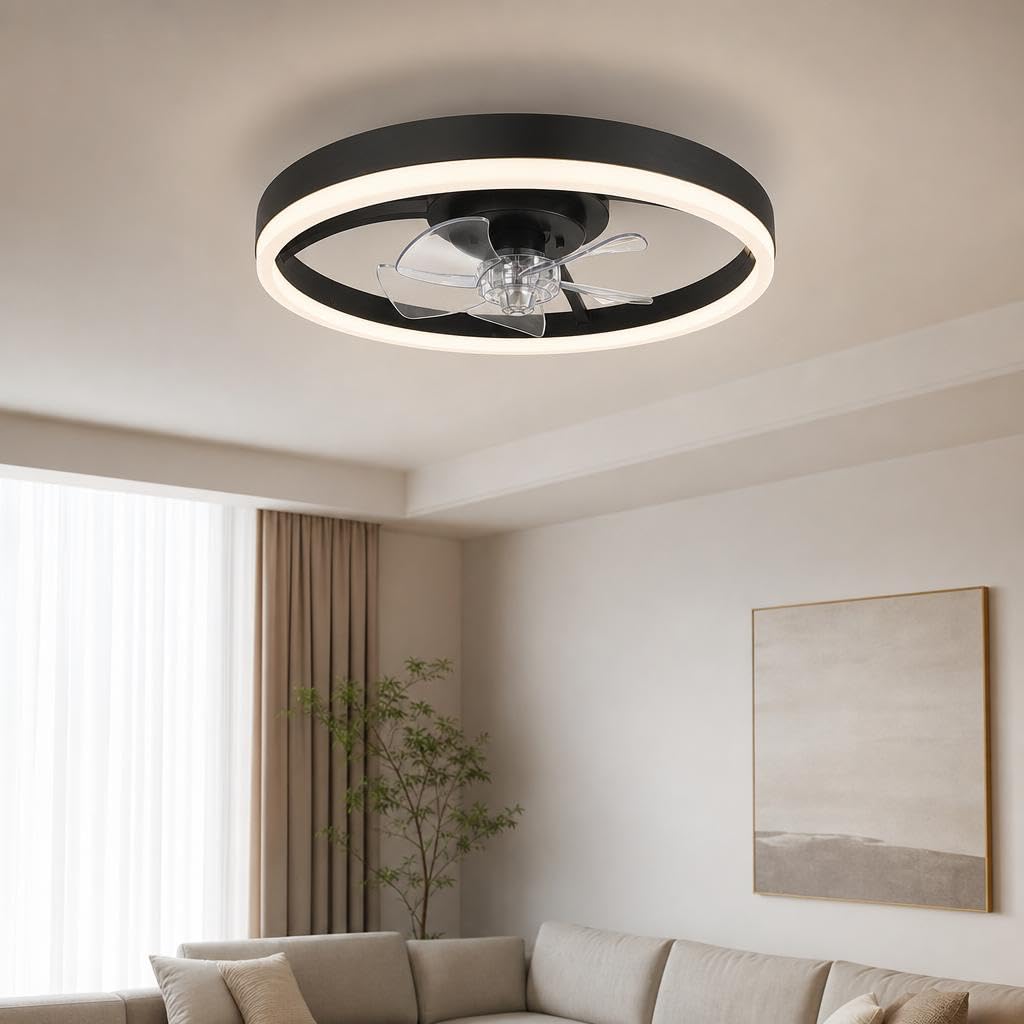20 Inch Ceiling Fan with Light, 5 ABS Blades Quiet DC Copper Motor, 6 Speed Remote Control Stepless Dimmable, 3 Color LED Fandelier, 36W Flush Mount Ceiling Fans for Bedroom Indoor Use, Black