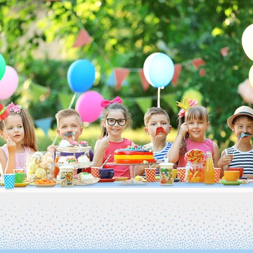 Image of 6 Pack White and Light Blue Tablecloth Party Decorations Plastic White Tablecloth Printed Light Blue Table Runner 54 x108 Inch Disposable Rectangle Table Cover for Birthday Wedding Graduation