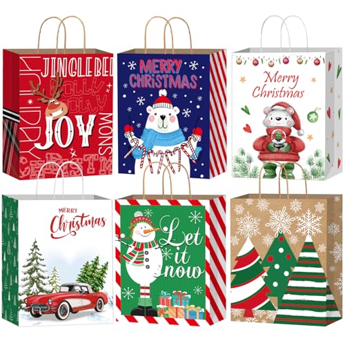 DECHISY 12 Pack Christmas Bags with Handles Xmas Gift Bags Christmas Paper Bags for Presents with 6 Cute Designs Xmas Party Favor Holiday Decoration 23x18x10cm