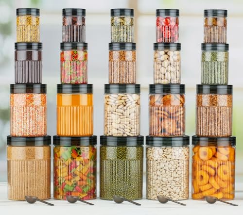 Image of pet Food Storage Containers Set with Airtight Lids, Kitchen Organisation Jars for Pasta, Spices, Dry Goods, Stackable (20 Pcs BLACK)