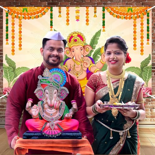 Image of Pooja Ganpati Decoration Banner Indian Puja Cloth Items Backdrop | Traditional Chatiya Ganesh Mehndi Photography Background Wedding Festival Party Marigold Garlands Photo Booth 70.8x43.3inch