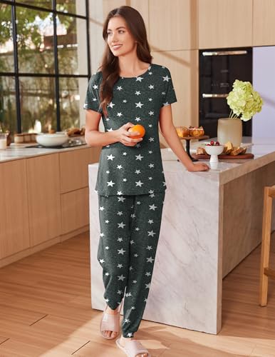 Image of Ekouaer Womens Pajama Sets Short Sleeve Lounge Sets for Women Printed Jogger Pajama Set 2 Piece Pj Sets With Pockets S-XXL