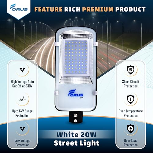 Image of Forus 20W LED Street Light Outdoor with 4 Year Warranty, High Lumen 120 lm /W Waterproof White Light, Energy Saving Aluminium LED Street Lamp for Road, Parking Lot, Industrial Area Lighting (1 PC)