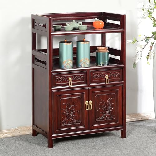 CLLXDZ Aparador Retro de Madera Maciza, Mueble de Salón Tallado con Doble Estante Abierto y Puertas Magnéticas para Cocina, Comedor y Salón(Red)