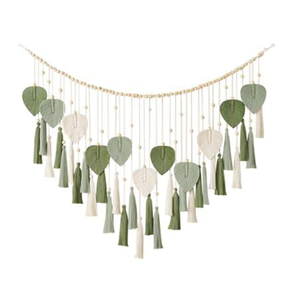 CTRLZS 1 Piece Macrame Wall Hanging Leaves- Large Chic Boho Wall Decor Wowen Wall Art Leaf Tassels Tapestry Green Cotton Rope for Home