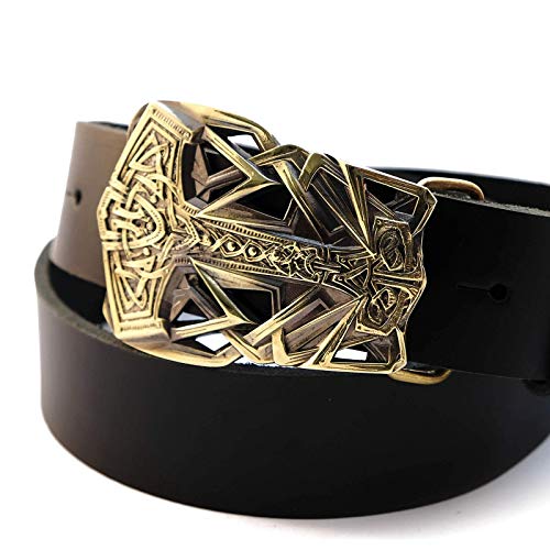 Leather belt with buckle Thor's Hammer, Scandinavian Old Norse Viking Mjolnir solid brass belt buckle on belt